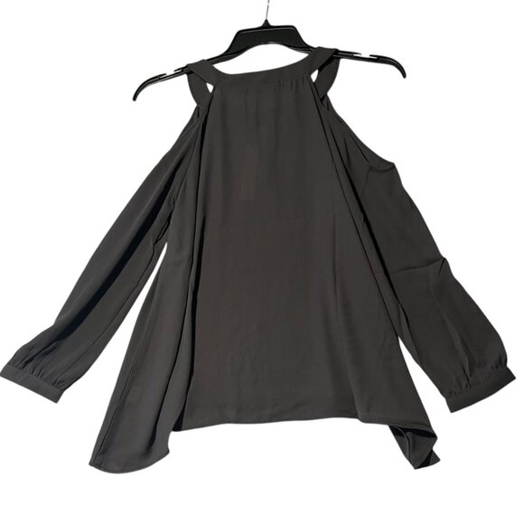 Three Eighty Two Women's S Gray Cold Shoulder Blouse Top Hi Lo Key Hole Neutral - Picture 3 of 7